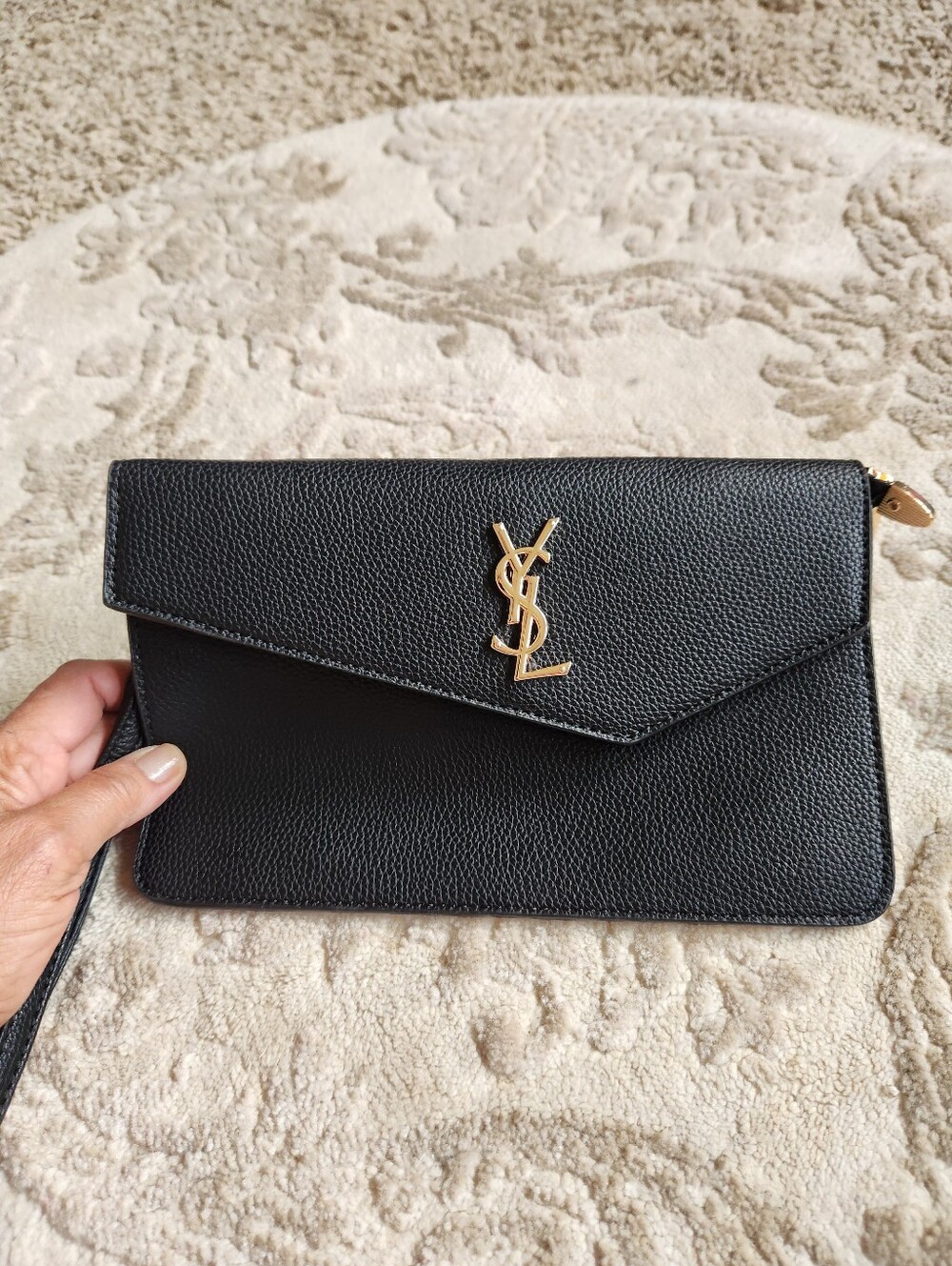 Saint Laurent Black Leather Envelope Clutch with Gold YSL Emblem